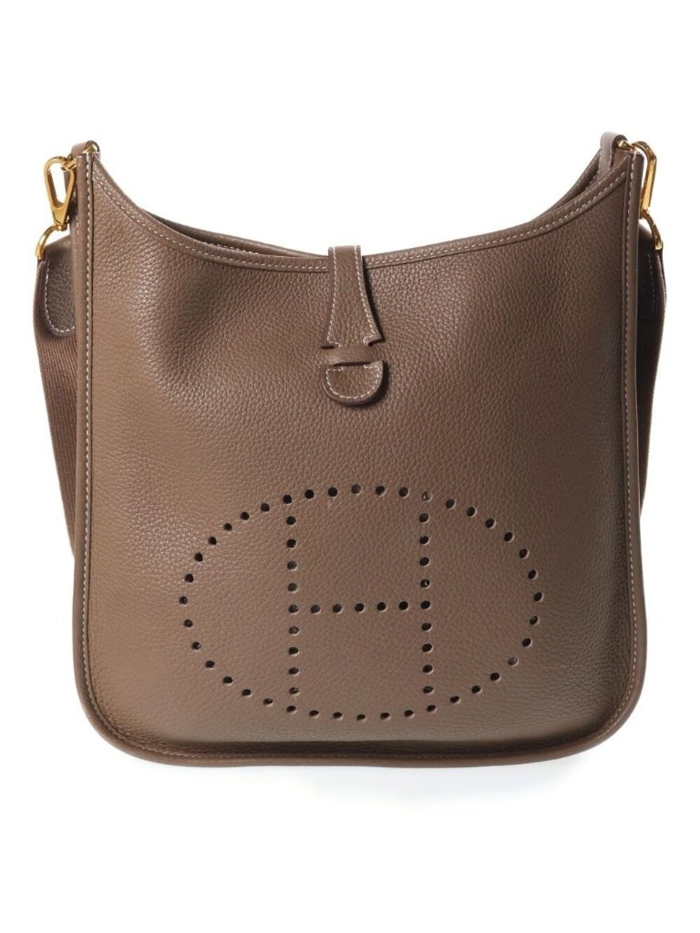 Hermes Evelyne GM Taurillon Clemence Shoulder Bag Greige Leather Etoupe Gold